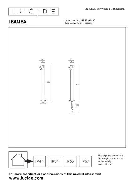 Lucide IBAMBA - Borne extérieur - LED - 1x6W 3000K - IP65 - Noir - technique